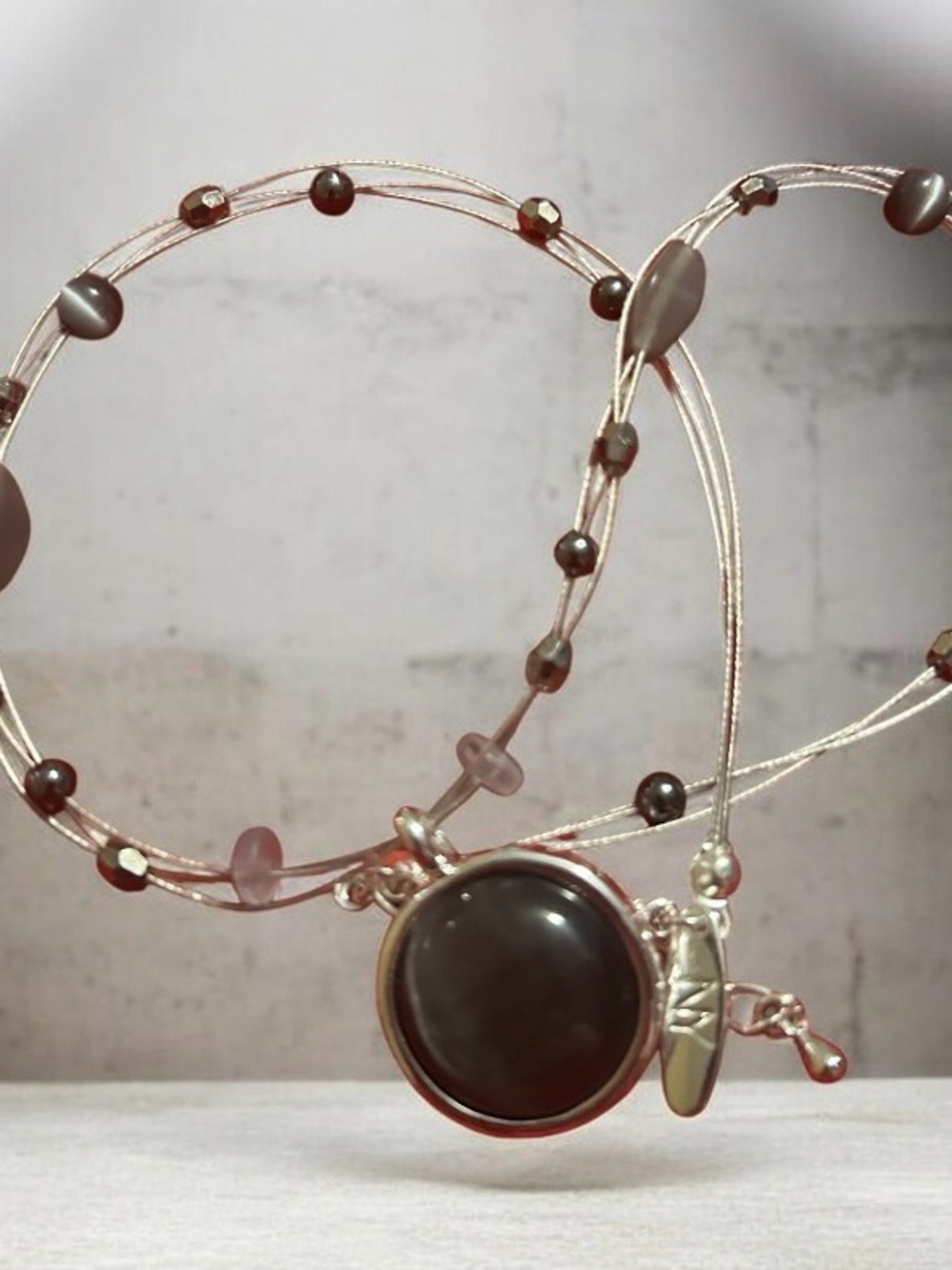 Multi-Strand Beaded Necklace with Black Stone Pendant - Women Jewelry